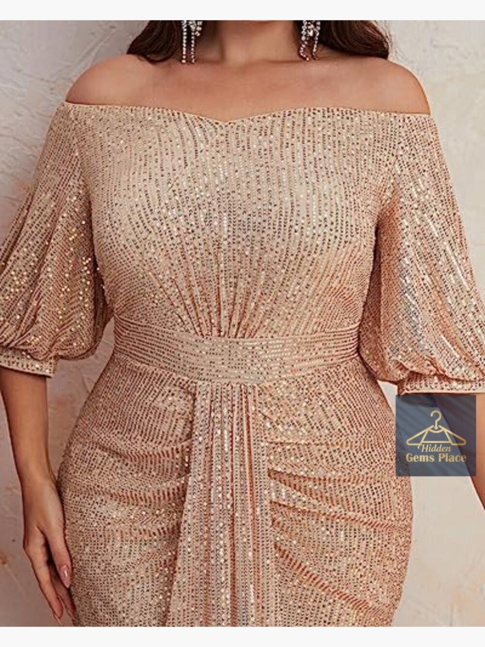 Plus Size Off Shoulder Puff Sleeve Sequin Maxi Dress Formal Evening Gown - Picture 6 of 6